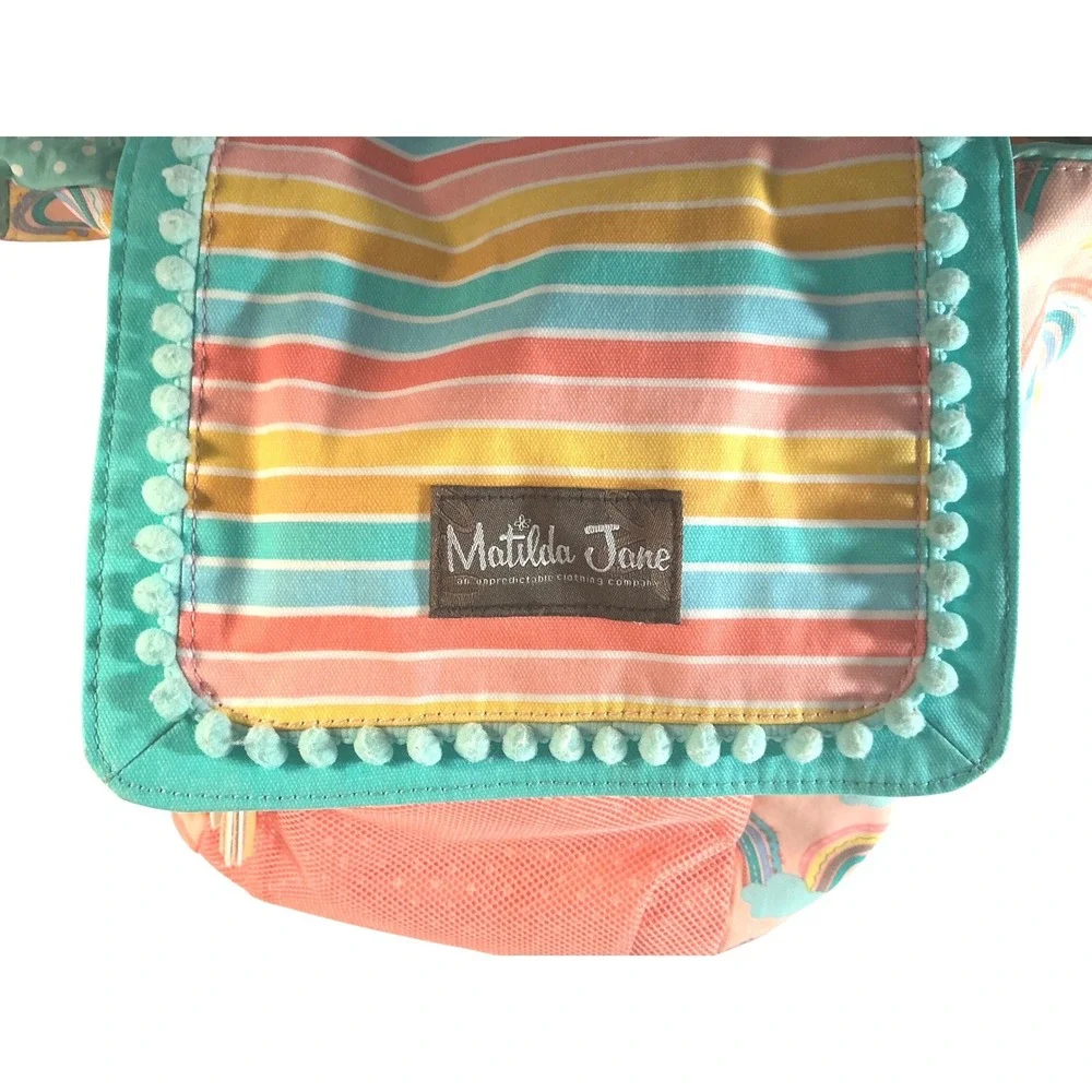 Matilda Jane Rainbow Sun Pink Teal Pom Pom Tassel Drawstring Backpack Bag